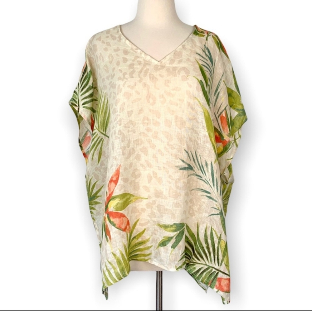 CHICO'S Cream Animal Print Tropical Floral  Linen Tunic S/M  Green Orange EUC